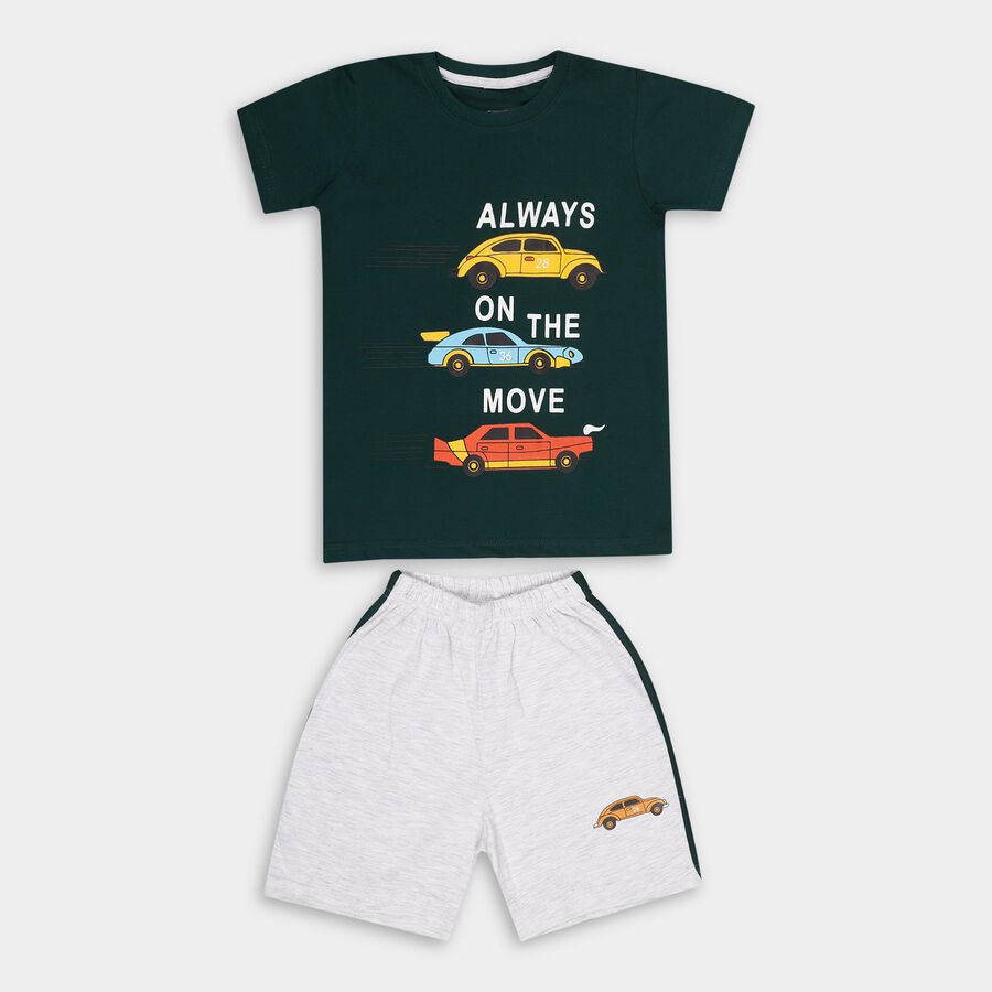 Boys' Dark Green Cotton Round Neck Printed Baba Suit, Dark Green, large image number null