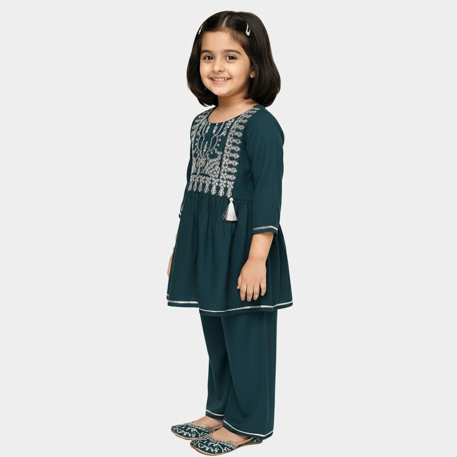 Girls' Deep Teal Embroidered Kurta and Pants Fusion Set, टील ब्लू, large image number null