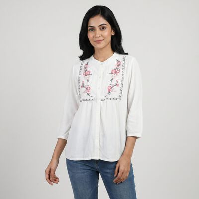 Women's White Embroidered Mandarin Collar Regular Fit Shirt