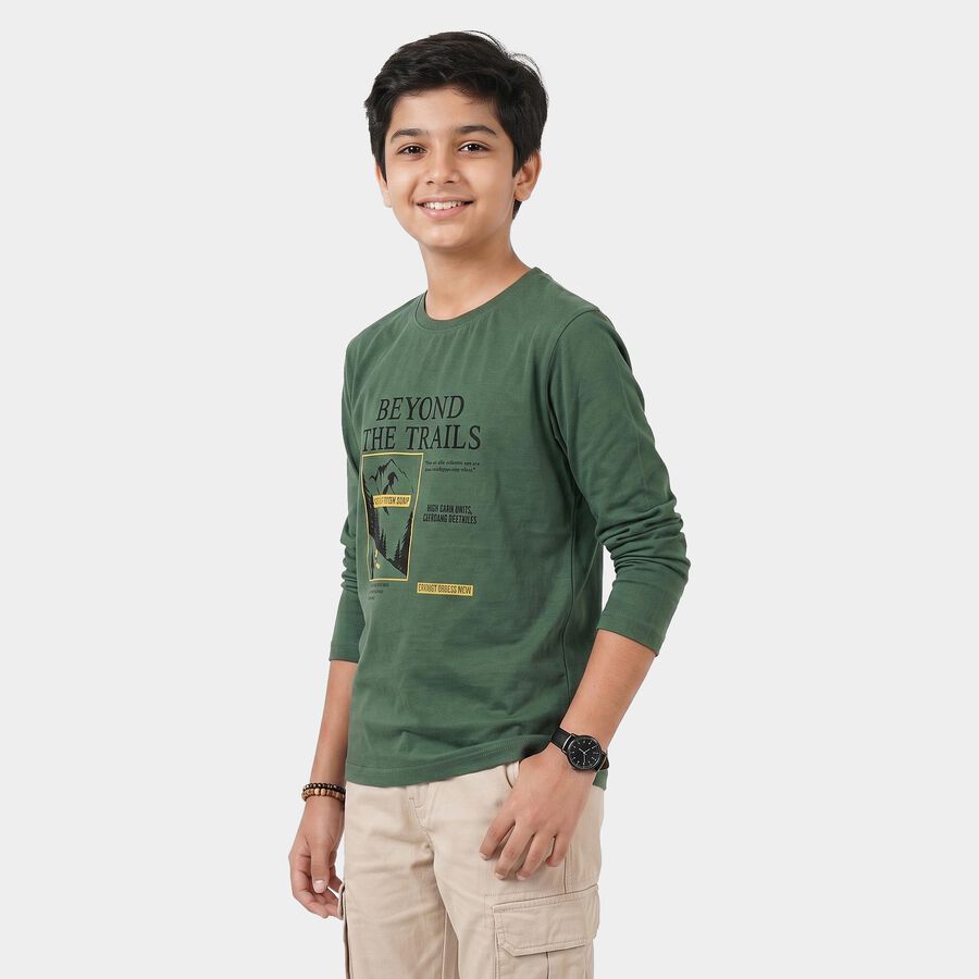 Boys Green Crew Neck Regular T-Shirt, Dark Green, large