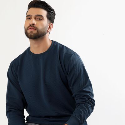 Men's Deep Navy Blue Crew Neck Textured Sweatshirt