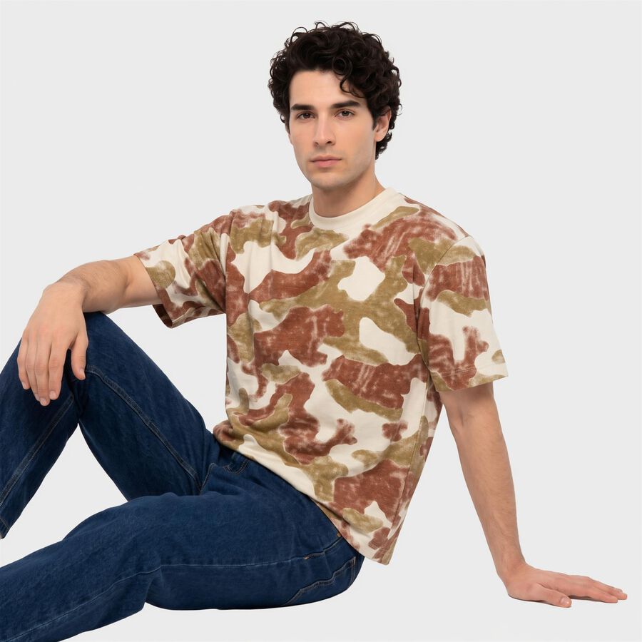Men's Off White-Color Round Neck Camouflage Regular T-Shirt, Off White, large