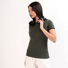 Women's Dark Olive Green Cotton Round Neck Casual Top, गहरा हरा, small