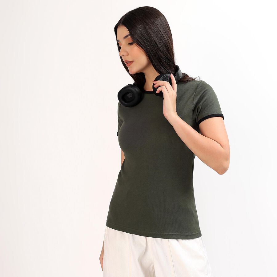 Women's Dark Olive Green Cotton Round Neck Casual Top, गहरा हरा, large