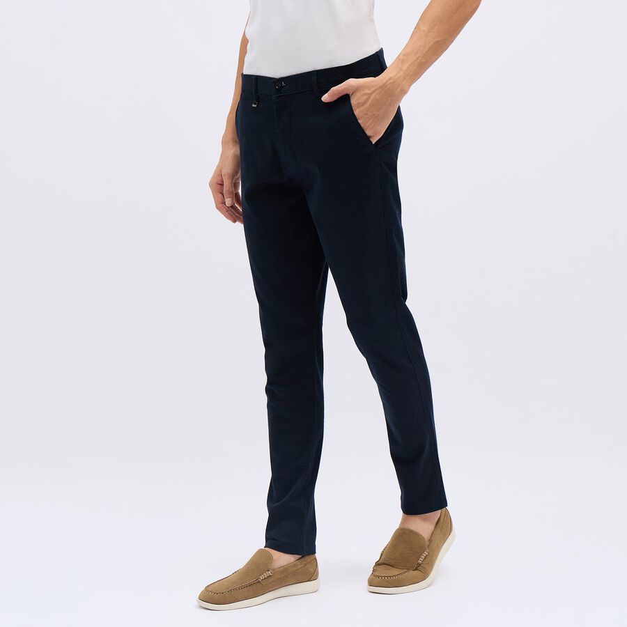 Men's Deep Midnight Navy Slim Fit Flat-Front Casual Trousers, नेवी ब्लू, large image number null