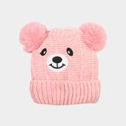 Girls' Pink Embroidered Bear Beanie Cap, Light Pink, small