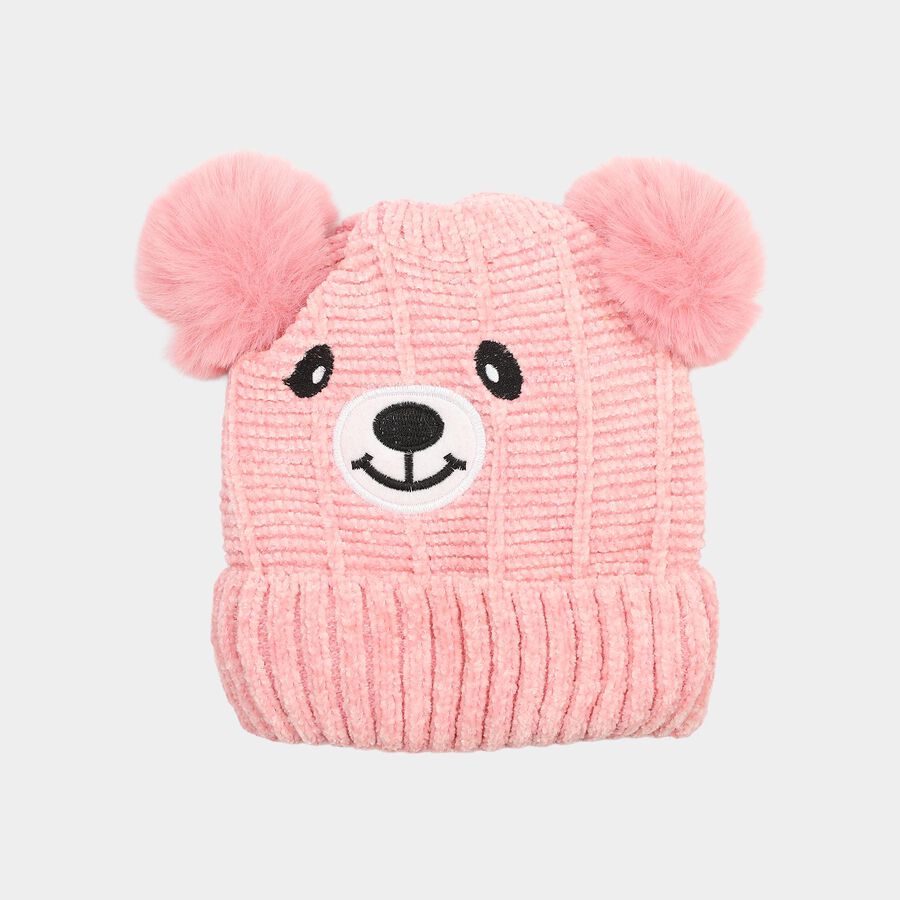 Girls' Pink Embroidered Bear Beanie Cap, Light Pink, large