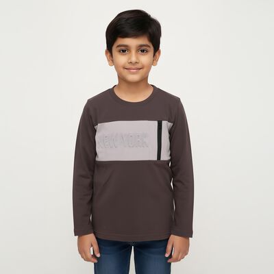 Boys Charcoal Cotton Round Neck Casual T-Shirt