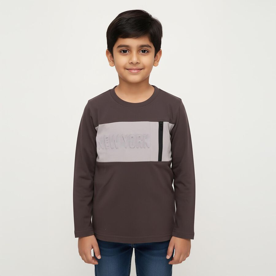 Boys Charcoal Cotton Round Neck Casual T-Shirt, चारकोल, large image number null