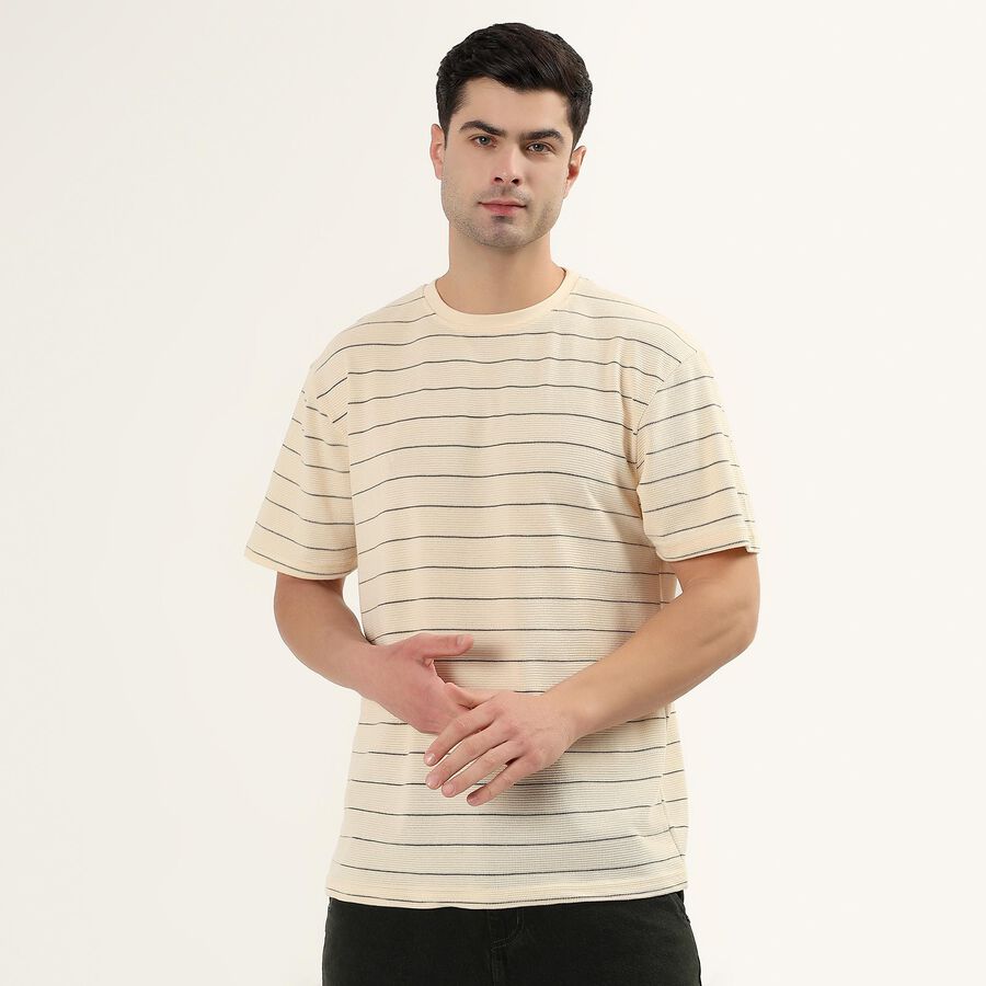 Men's Off-White Round Neck Casual Striped T-Shirt, Off White, large