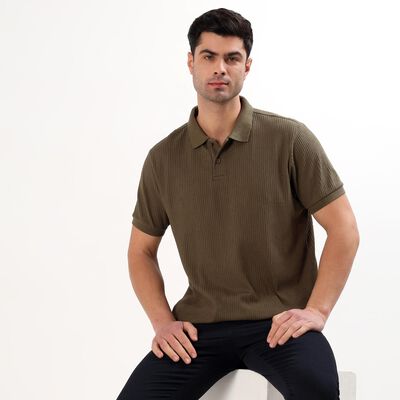 Men's Olive Green Polo Neck Textured T-Shirt