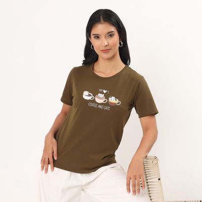 Women's Olive Round Neck Minimalist T-Shirt