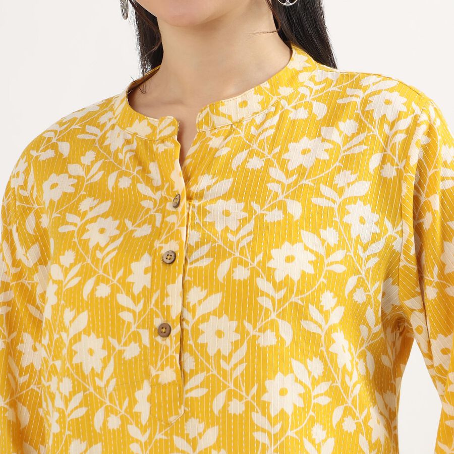 Women's Yellow Mandarin Collar Floral Printed Kurti, मस्टर्ड, large image number null