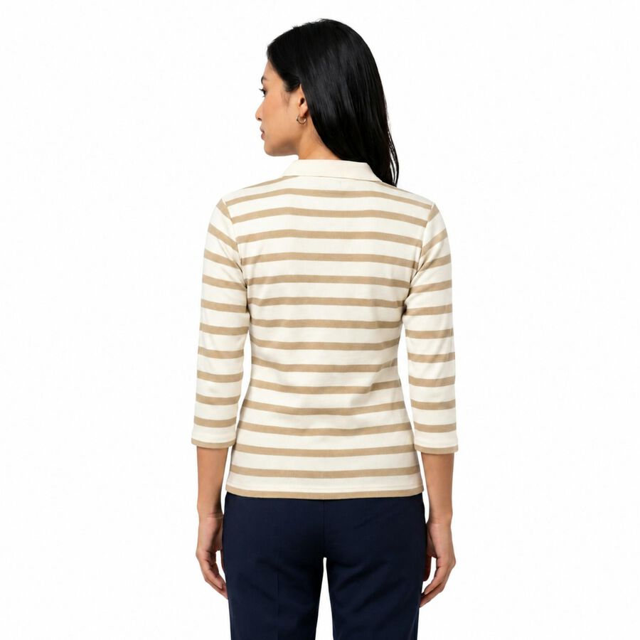 Women's Beige Polo Neck Striped Regular Top, Beige, large