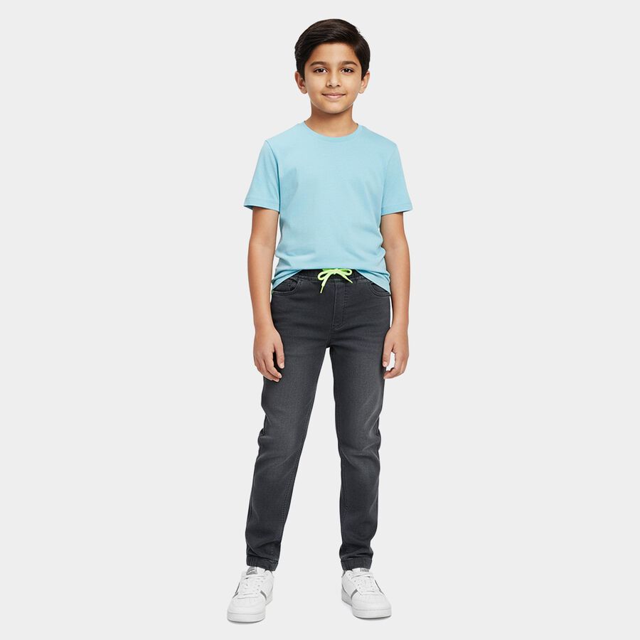 Boys' Grey Regular Fit Elastic Waistband Jeans, हल्का ग्रे, large