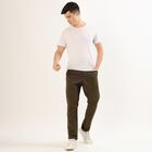 Men's Light Beige Slim Fit Flat-Front Casual Trousers, Olive, small