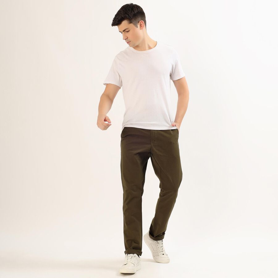 Men's Light Beige Slim Fit Flat-Front Casual Trousers, Olive, large
