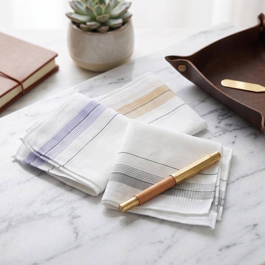 Men's White Striped Pack of 3 Handkerchief, White, large
