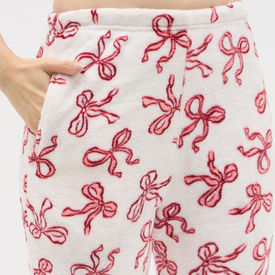 Women's White and Red Bow Printed Fleece Pyjama Set, लाल, large image number null