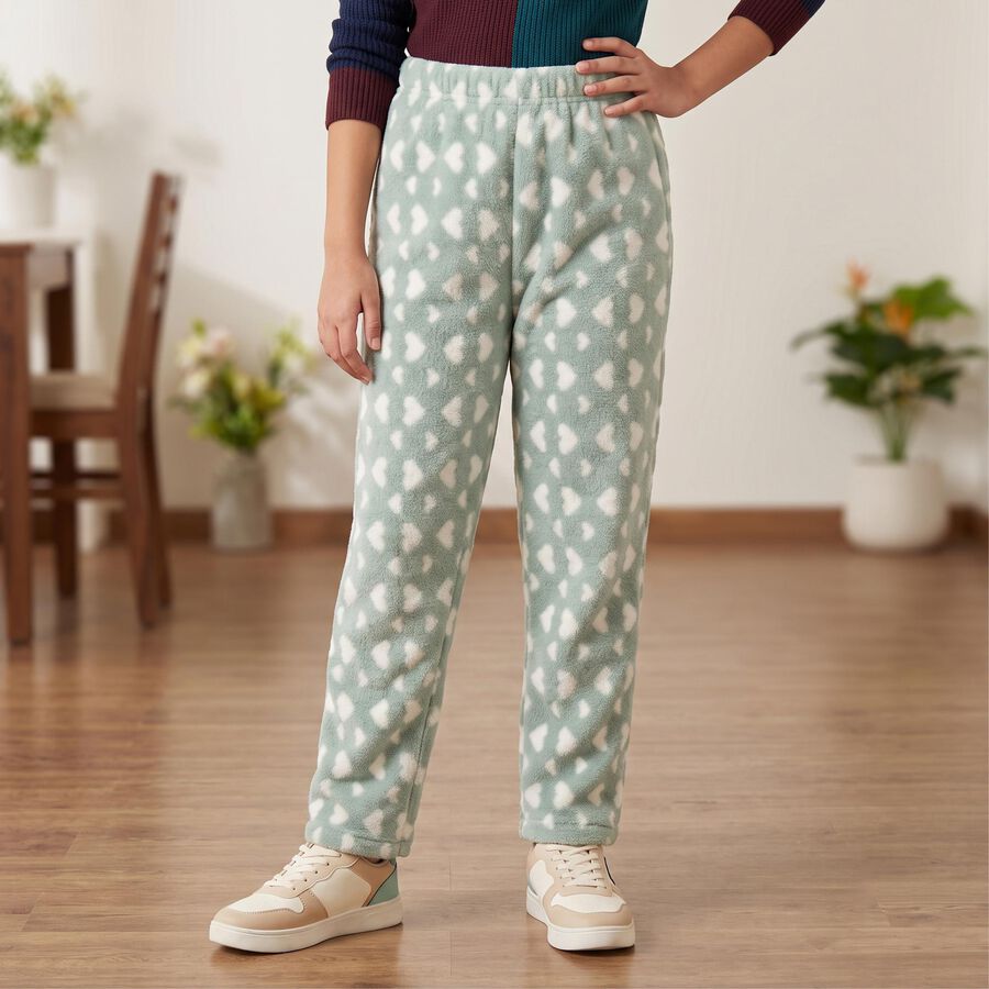 Girls' Mint Green Heart Printed Elastic Waist Pyjama, Light Green, large
