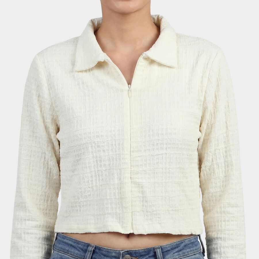 Women's Off-White Mock Neck Textured Top, ऑफ व्हाइट, large