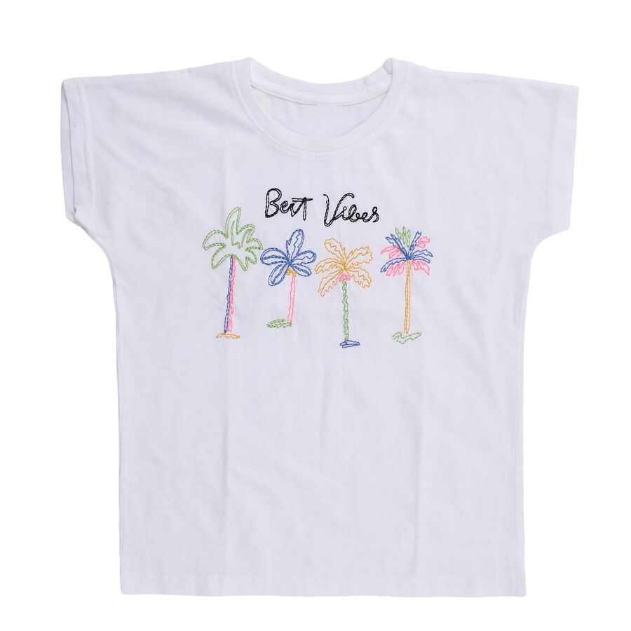 Girls' White Cotton Round Neck Embroidered T-Shirt, सफ़ेद, large
