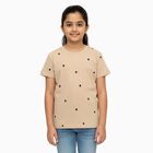 Girls Light Beige Round Neck Casual T-Shirt, Beige, small