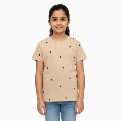 Girls Light Beige Round Neck Casual T-Shirt