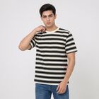 Men Black Round Neck Regular Striped T-Shirt, Black, small