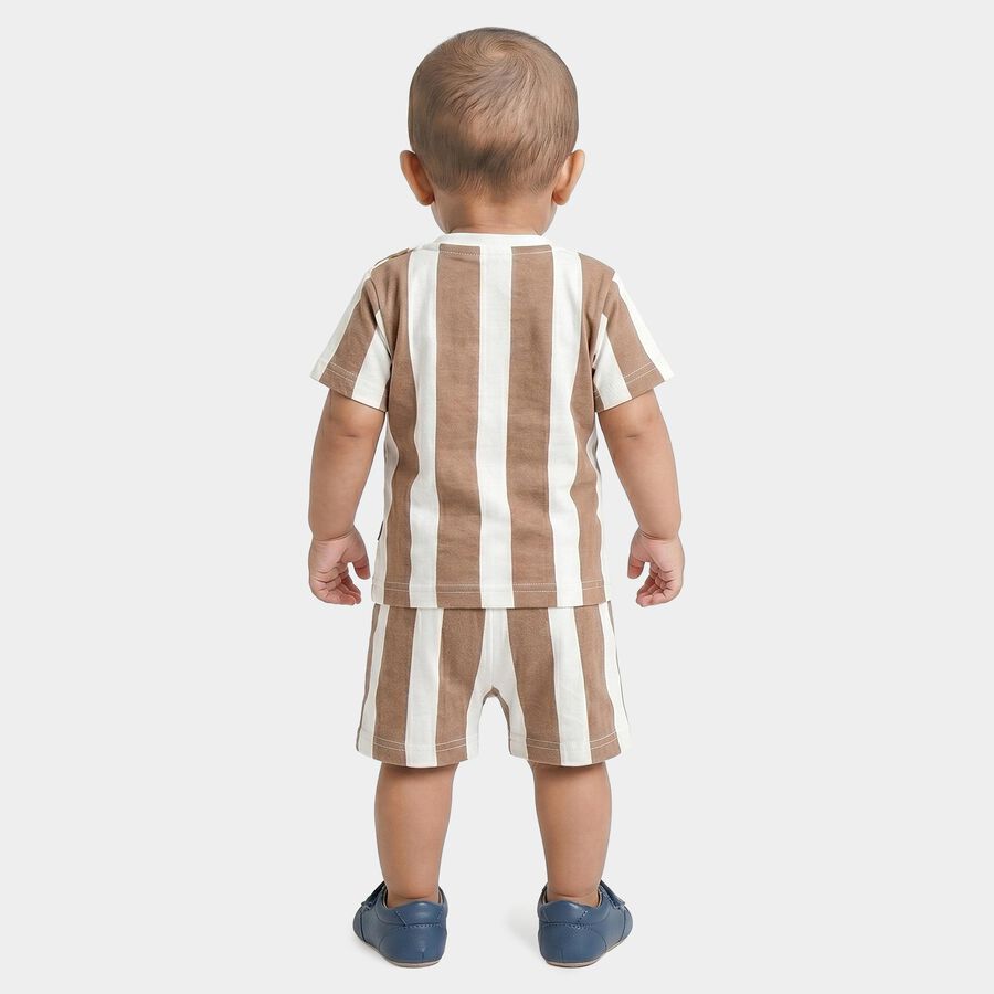 Infants' Beige 100% Cotton Round Neck Striped Baba Suit, Beige, large