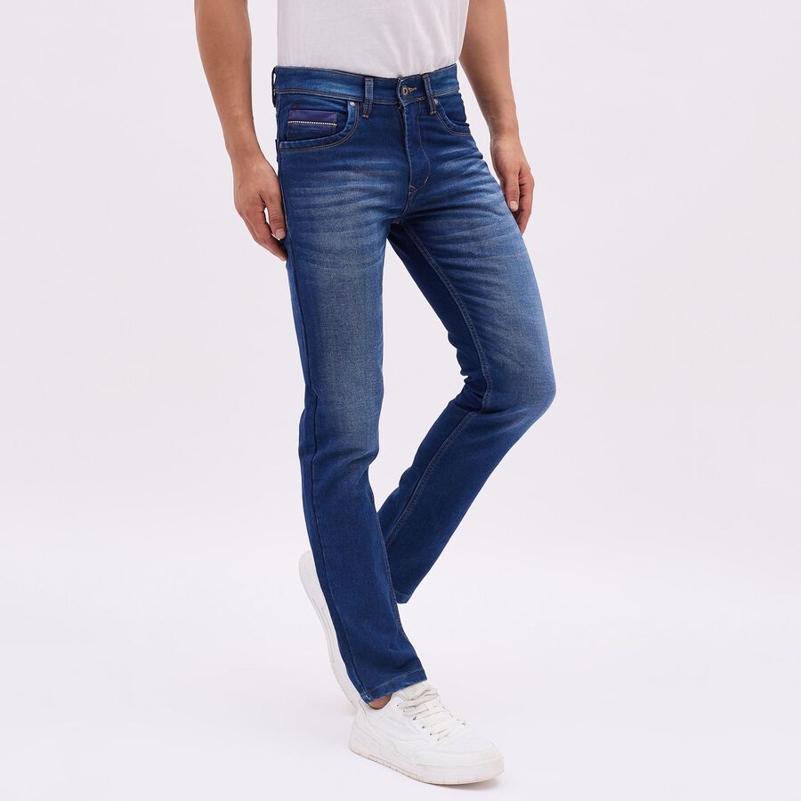 Men's Stonewashed Blue Slim Fit Five-Pocket Jeans, गहरा नीला, large image number null