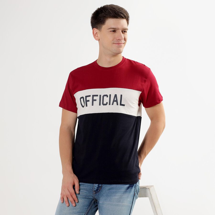 Men's Deep Burgundy Cotton Round Neck Colorblock T-Shirt, Maroon, large image number null