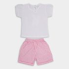 Girls' White Cotton Printed T-Shirt and Pink Gingham Shorts Set, White, small image number null