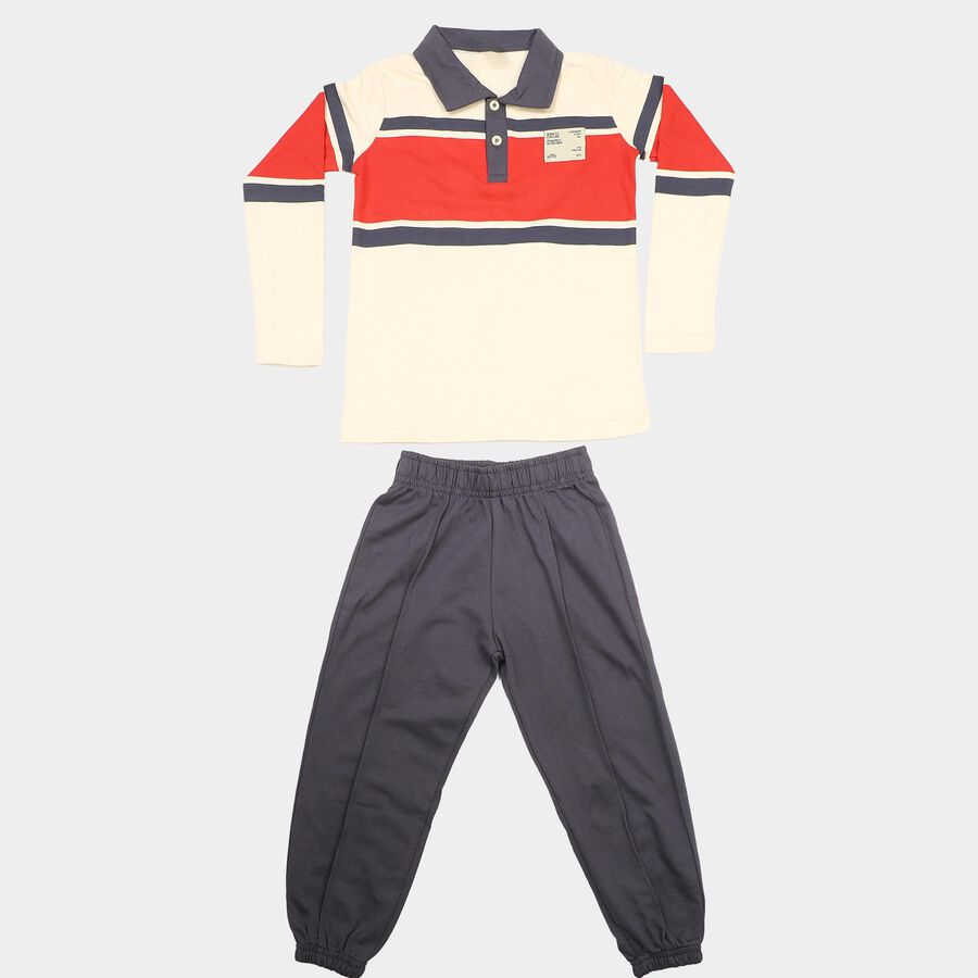 Boys' Off White Cotton Polo Neck Colorblocked Baba Suit, ऑफ व्हाइट, large