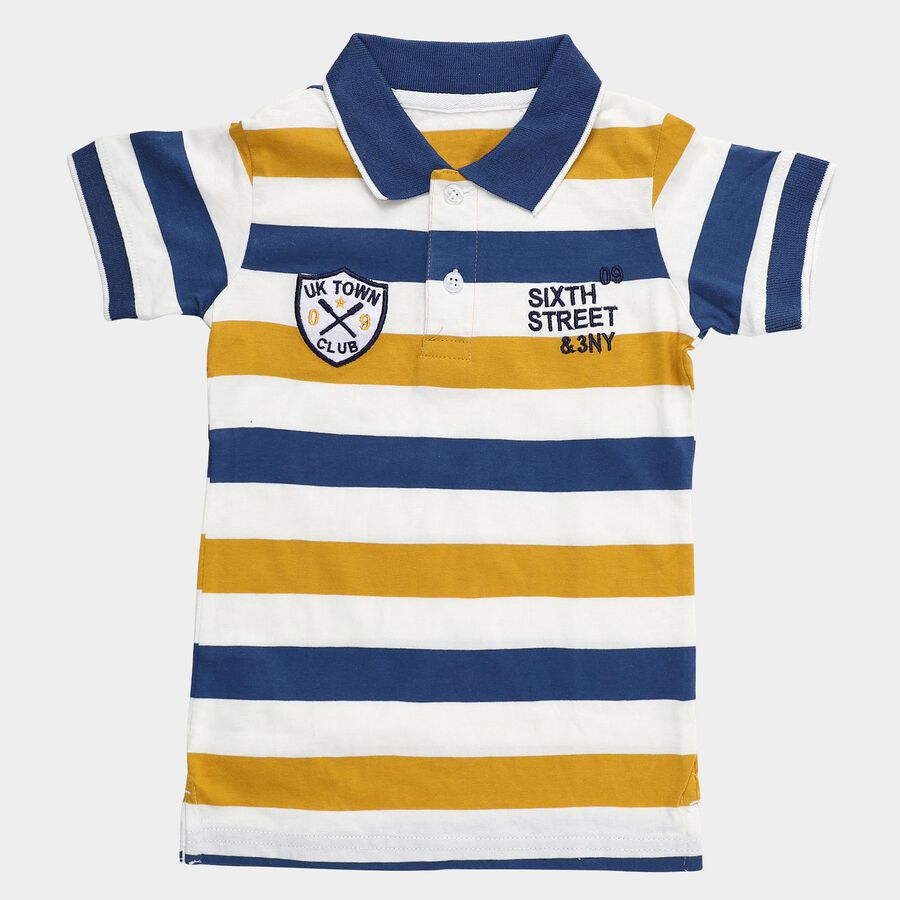 Boys' Mustard Yellow and Navy Blue Polo Neck Striped T-Shirt, पीला, large