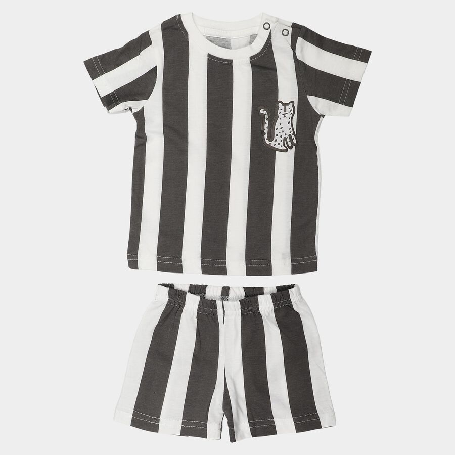 Infants' Charcoal Cotton Round Neck Striped Baba Suit, Charcoal, large
