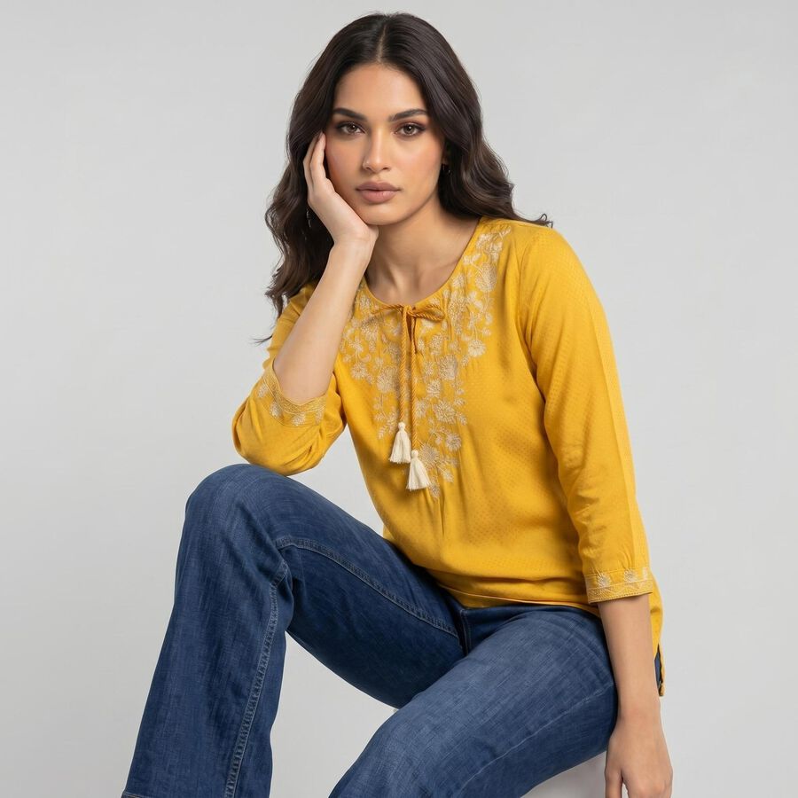 Women's Yellow Solid Straight Kurti, Yellow, large