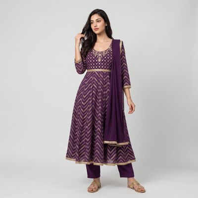 Women's Purple Embroidered Ethnic Set