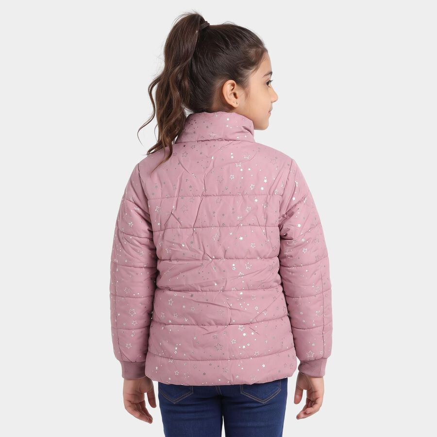 Girls Pink Stand Collar Puffer Jacket, गुलाबी, large