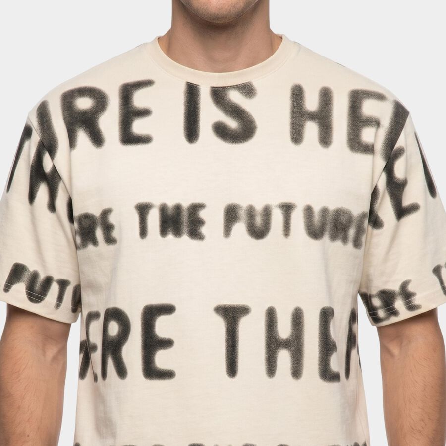 Men's Cream Round Neck Graphic Print Regular T-Shirt, Off White, large