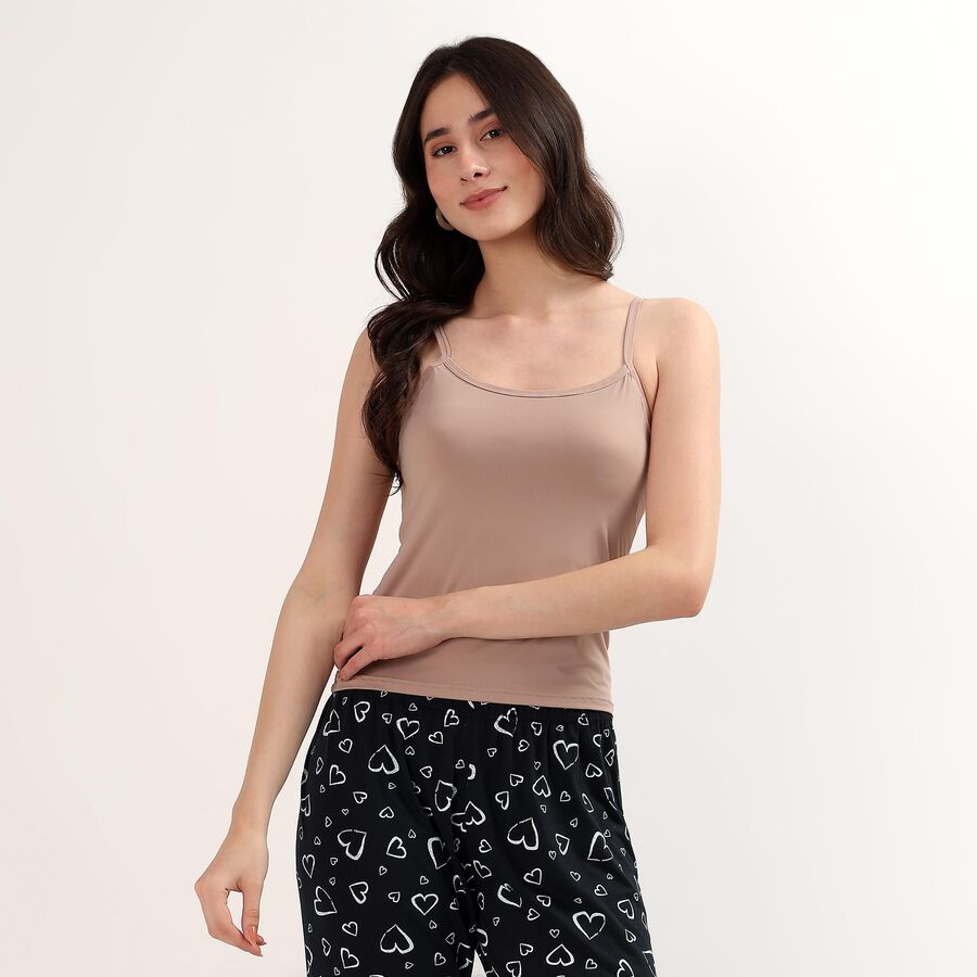 Women's Beige V-Neck Minimalist Slip, भूरा, large