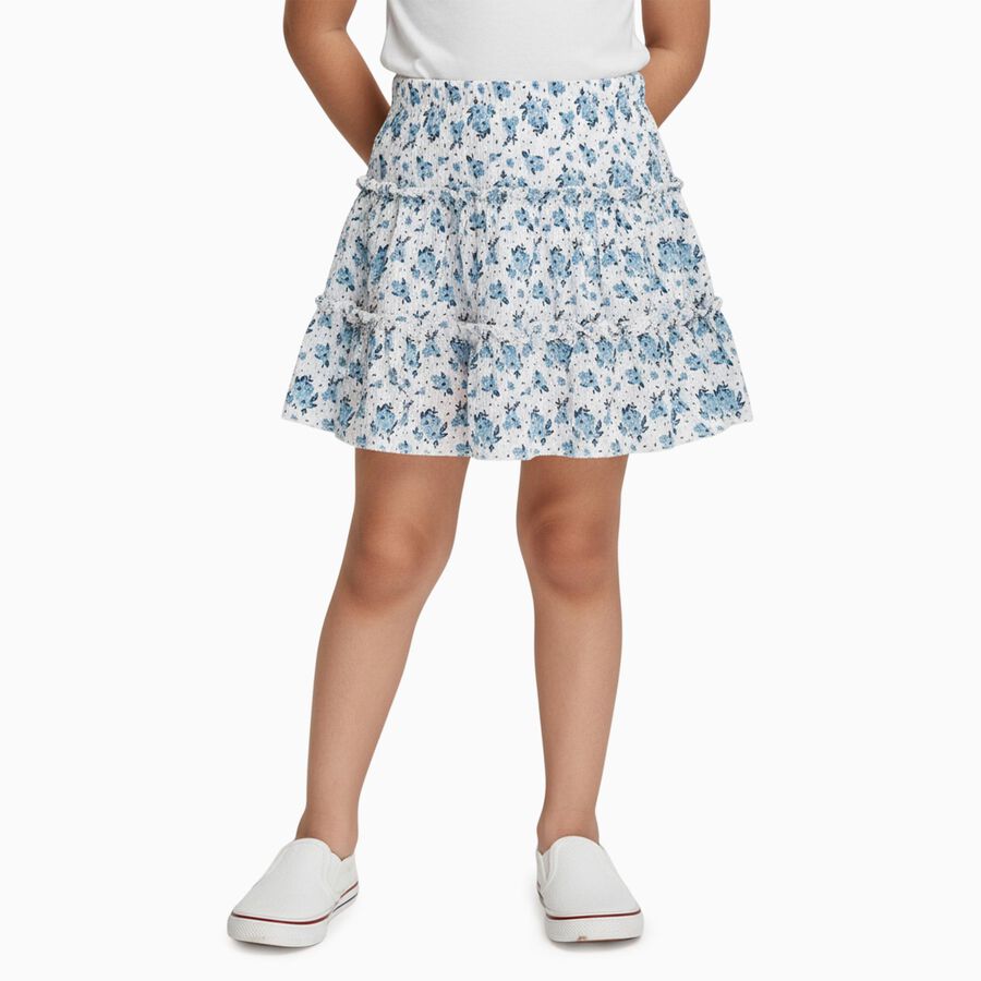 Girls' White and Blue Floral Tiered Mini Skirt, Light Blue, large