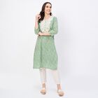 Women's Light Sage Green Cotton Notch Neck Embroidered Kurta, हल्का हरा, small