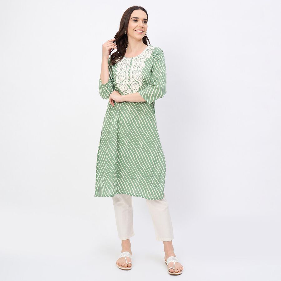 Women's Light Sage Green Cotton Notch Neck Embroidered Kurta, हल्का हरा, large