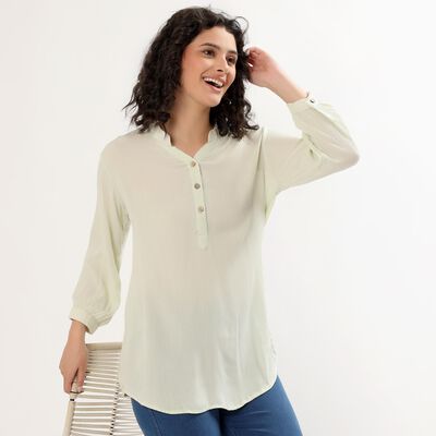 Women's Light Sage Green Mandarin Collar Solid Kurti