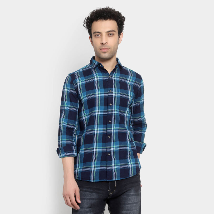 Cotton Checks Casual Shirt, Teal Blue, large image number null