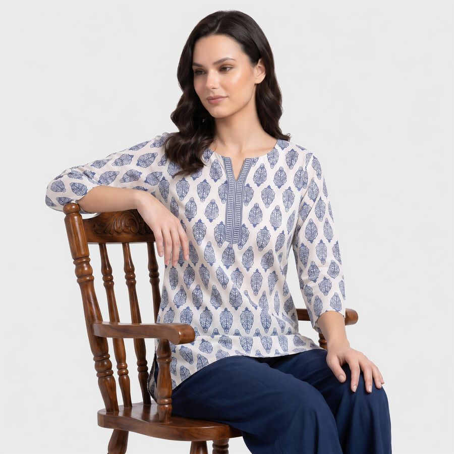 Women's White Notch Neck Floral Printed Kurti, सफ़ेद, large