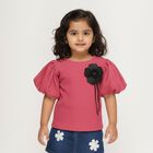 Girls Dusty Rose Pink Round Neck Puff Sleeve T-Shirt, Pink, small
