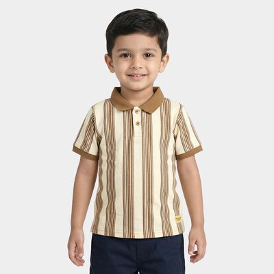 Boys Beige Polo Neck Striped T-Shirt