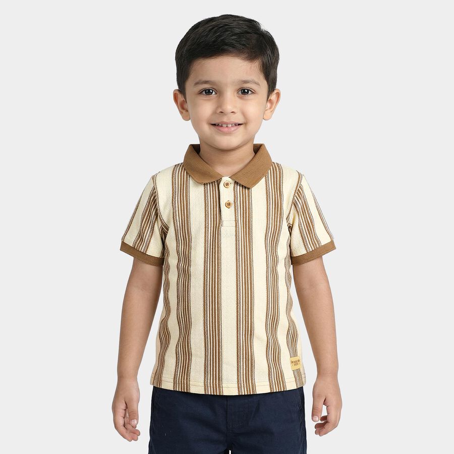 Boys Beige Polo Neck Striped T-Shirt, गहरा पीला, large
